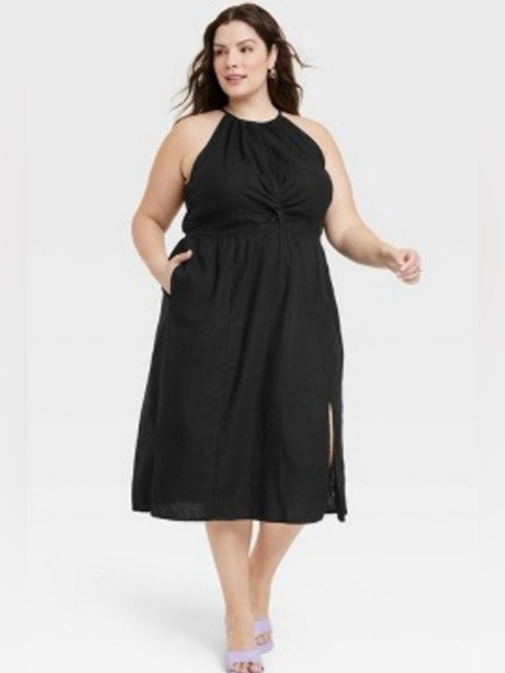 Ava & Viv Black Halter Midi Dress w/ Front Twist Linen Blend Size XXL
